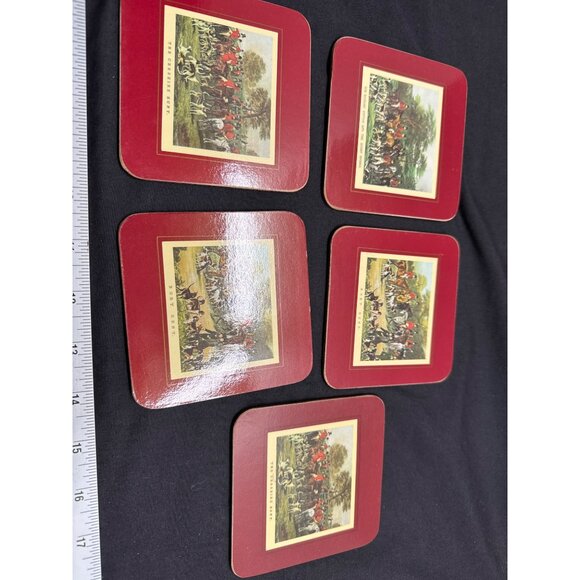 Set Of 5 Clover Leaf Fox Hunting Square Cork Base Coasters Vintage Style - Picture 5 of 11